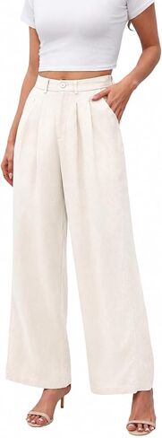 Love Welove Fashion Linen Pants Women, 100% Linen Wide Leg Pants with Elastic Back Waist, Khaki, Plus Size 3XL in Saudi Arabia