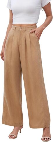 Love Welove Fashion Linen Pants Women, 100% Linen Wide Leg Pants with Elastic Back Waist, Khaki, Plus Size 3XL in Saudi Arabia