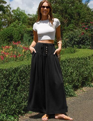 TARSE Women Linen Wide Leg Pants Palazzo High Waisted Boho Loose Casual Lounge Pant Beach Travel Vacation Outfits in Kuwait