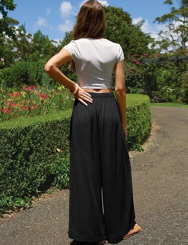 TARSE Women Linen Wide Leg Pants Palazzo High Waisted Boho Loose Casual Lounge Pant Beach Travel Vacation Outfits in Kuwait
