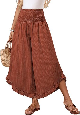 Samefar Womens Wide Leg Pants Summer Boho Bagyy Palazzo Pants Flowy High Smocked Waist Casual Loose Lounge Trousers in Saudi Arabia