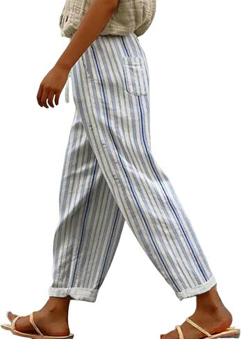 Women's Striped Gingham Harem Pants Summer Casual Loose Drawstring Plaid Trousers Beach Travel Bottoms with Pockets in Saudi Arabia