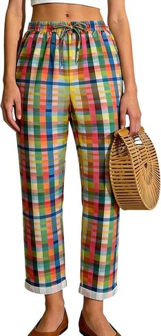 Women's Striped Gingham Harem Pants Summer Casual Loose Drawstring Plaid Trousers Beach Travel Bottoms with Pockets in Saudi Arabia