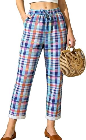 Women's Striped Gingham Harem Pants Summer Casual Loose Drawstring Plaid Trousers Beach Travel Bottoms with Pockets in Saudi Arabia
