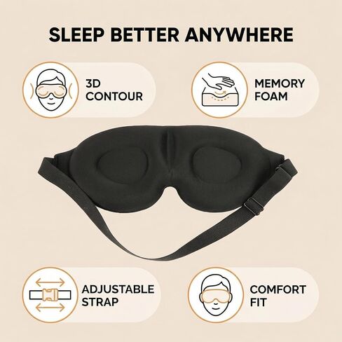 2 Pack Sleep Masks Black 3D Contoured Eye Mask for Sleeping Adjustable Strap Rebound Memory Foam Comfortable Fit in Saudi Arabia