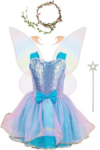 Augwindy Fairy Costume for Girls Princess Tutu Dress with Butterfly Wing Halloween Costume Girls 3-10T in Kuwait