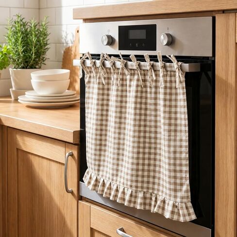 Lounsweer Oven Skirt Curtain for Kitchen Decor 22 x 31 Inch Brown and White Checkered Pure Cotton Stove Cover Skirt Tie Top with Ribbon Ties Rustic Cottage Decorative Oven Door Curtain in Kuwait
