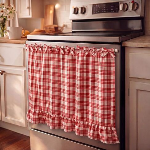 Lounsweer Oven Skirt Curtain for Kitchen Decor 22 x 31 Inch Brown and White Checkered Pure Cotton Stove Cover Skirt Tie Top with Ribbon Ties Rustic Cottage Decorative Oven Door Curtain in Kuwait