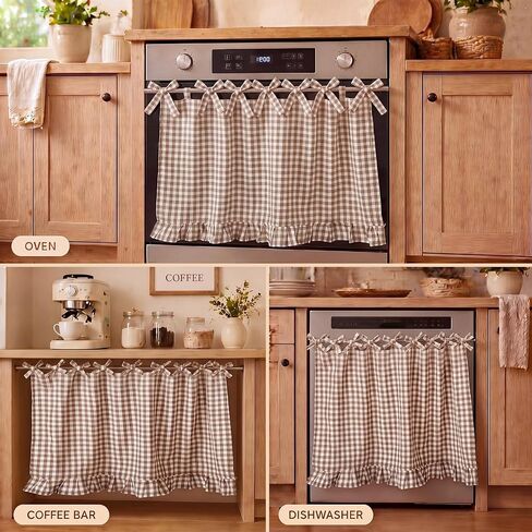 Lounsweer Oven Skirt Curtain for Kitchen Decor 22 x 31 Inch Brown and White Checkered Pure Cotton Stove Cover Skirt Tie Top with Ribbon Ties Rustic Cottage Decorative Oven Door Curtain in Kuwait
