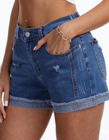 HVEPUO Jean Shorts for Women Summer Beach Vacation Stretchy High/Mid Waisted Button Fly Ripped Cuffed Raw Hem Denim Shorts in Saudi Arabia