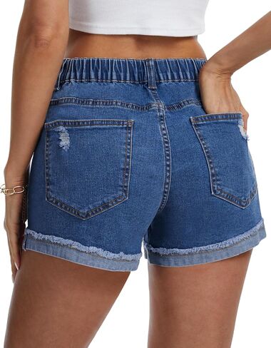 HVEPUO Jean Shorts for Women Summer Beach Vacation Stretchy High/Mid Waisted Button Fly Ripped Cuffed Raw Hem Denim Shorts in Saudi Arabia