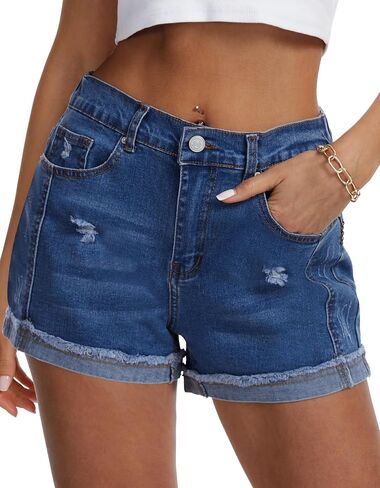 HVEPUO Jean Shorts for Women Summer Beach Vacation Stretchy High/Mid Waisted Button Fly Ripped Cuffed Raw Hem Denim Shorts in Saudi Arabia