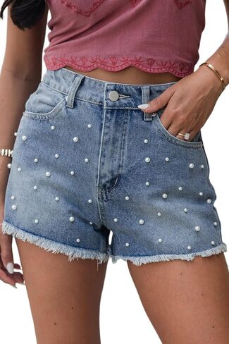 Women's Dusk Blue Pearl Beaded Raw Hem Medium Wash Denim Shorts in Saudi Arabia