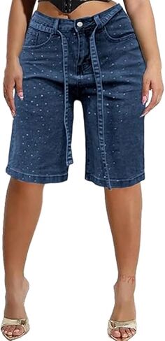 LKOUS Women's Rhinestone Jean Shorts Baggy Stretchy High Waisted Bermuda Denim Shorts with Belt Streetwear 2026 in Kuwait