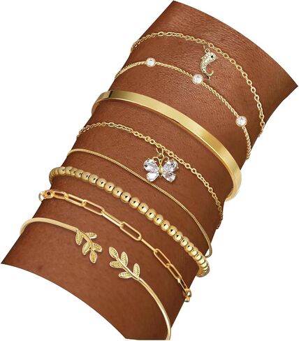 18K Gold Plated Cuff Bangle Bracelets for Women Waterproof, Gold Bracelets Stack Set, Satellite/Paperclip/Beaded/Box/Rope Butterfly&Dolphin Charms, The Leaf of Peace and Gold Cuff Bangle in Kuwait