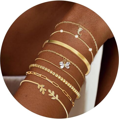 18K Gold Plated Cuff Bangle Bracelets for Women Waterproof, Gold Bracelets Stack Set, Satellite/Paperclip/Beaded/Box/Rope Butterfly&Dolphin Charms, The Leaf of Peace and Gold Cuff Bangle in Kuwait