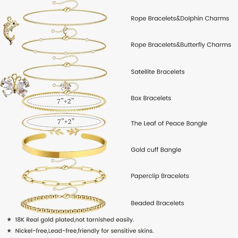 18K Gold Plated Cuff Bangle Bracelets for Women Waterproof, Gold Bracelets Stack Set, Satellite/Paperclip/Beaded/Box/Rope Butterfly&Dolphin Charms, The Leaf of Peace and Gold Cuff Bangle in Kuwait