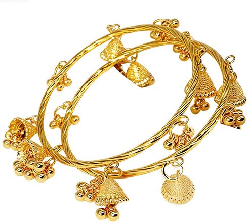 Women's Gold Bell Charm Bangle Bracelet Set - Dangle Jingle Bell Alloy Bangle, Fashionable Gold Bracelets for Women, Ideal for Party, Dating & Daily Wear in Kuwait