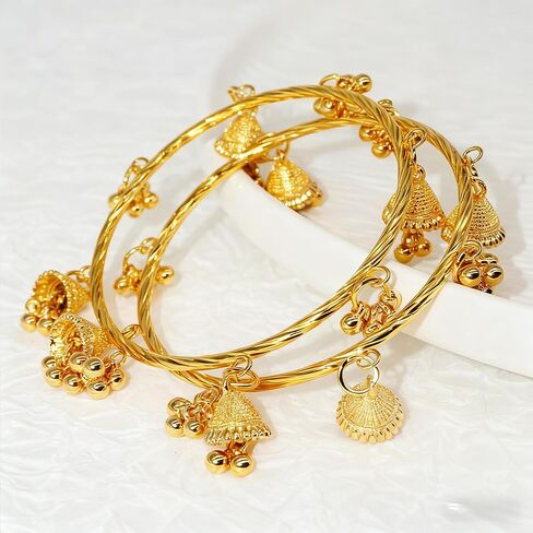 Women's Gold Bell Charm Bangle Bracelet Set - Dangle Jingle Bell Alloy Bangle, Fashionable Gold Bracelets for Women, Ideal for Party, Dating & Daily Wear in Kuwait