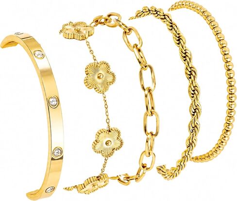 Lamdo 18K Gold Plated Womens Stackable Floral Gold Clover Bracelets Set Love Bangle Bracelets Non Tarnish, Nail Bracelet Set Trendy Jewelry,Gifts for Women's Day and Mother's Day in Saudi Arabia