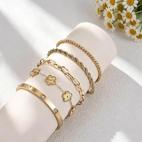 Lamdo 18K Gold Plated Womens Stackable Floral Gold Clover Bracelets Set Love Bangle Bracelets Non Tarnish, Nail Bracelet Set Trendy Jewelry,Gifts for Women's Day and Mother's Day in Saudi Arabia