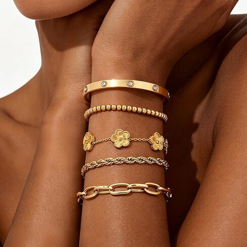 Lamdo 18K Gold Plated Womens Stackable Floral Gold Clover Bracelets Set Love Bangle Bracelets Non Tarnish, Nail Bracelet Set Trendy Jewelry,Gifts for Women's Day and Mother's Day in Saudi Arabia