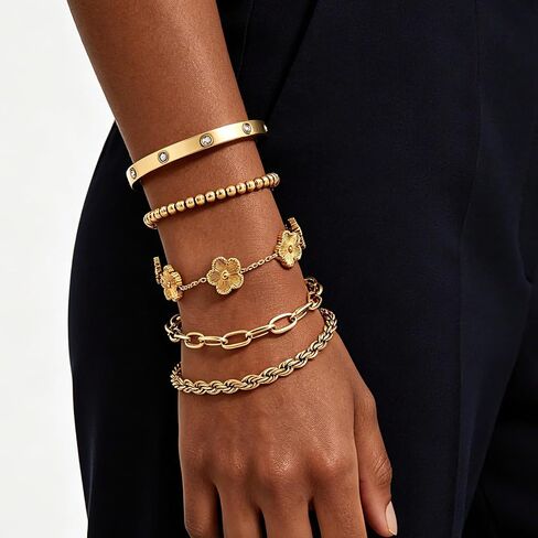 Lamdo 18K Gold Plated Womens Stackable Floral Gold Clover Bracelets Set Love Bangle Bracelets Non Tarnish, Nail Bracelet Set Trendy Jewelry,Gifts for Women's Day and Mother's Day in Saudi Arabia