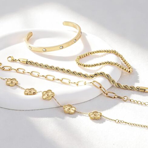 Lamdo 18K Gold Plated Womens Stackable Floral Gold Clover Bracelets Set Love Bangle Bracelets Non Tarnish, Nail Bracelet Set Trendy Jewelry,Gifts for Women's Day and Mother's Day in Saudi Arabia