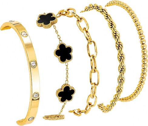 Lamdo 18K Gold Plated Womens Stackable Floral Gold Clover Bracelets Set Love Bangle Bracelets Non Tarnish, Nail Bracelet Set Trendy Jewelry,Gifts for Women's Day and Mother's Day in Saudi Arabia