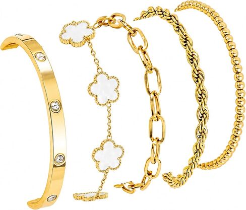 Lamdo 18K Gold Plated Womens Stackable Floral Gold Clover Bracelets Set Love Bangle Bracelets Non Tarnish, Nail Bracelet Set Trendy Jewelry,Gifts for Women's Day and Mother's Day in Saudi Arabia