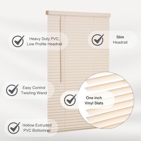 LOTUS & WINDOWARE Cordless Mini Blind, 1" Vinyl Slats, 53" Wide x 64" Long - Alabaster, Window Blinds for Home and Office, Interior Door Blinds - Light Filtering in Saudi Arabia