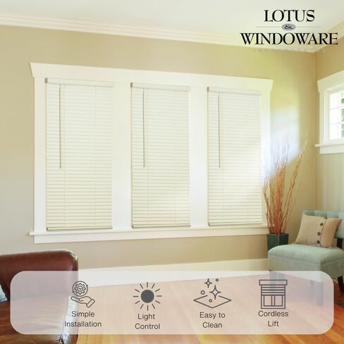 LOTUS & WINDOWARE Cordless Mini Blind, 1" Vinyl Slats, 53" Wide x 64" Long - Alabaster, Window Blinds for Home and Office, Interior Door Blinds - Light Filtering in Saudi Arabia