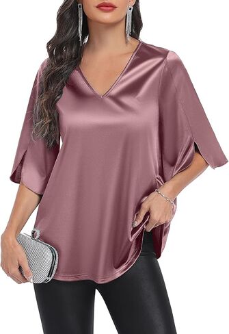 Women’s Stretch Satin Blouse Elegant V Neck 3/4 Sleeve Dressy Tops Flowy A-Line Silky Shirt for Wedding Guest Work in Saudi Arabia
