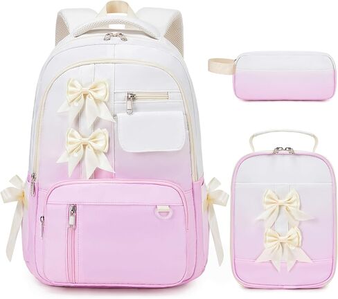 Bevalsa Backpack for Girls, Bow School Backpack for Kids with Lunch Bag & Pen Case, Cute Bookbag for Teens Girls Children for Elementary Middle High College Student, Back To School Gift (Beige Pink) in Saudi Arabia