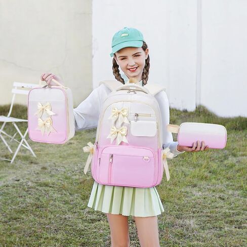 Bevalsa Backpack for Girls, Bow School Backpack for Kids with Lunch Bag & Pen Case, Cute Bookbag for Teens Girls Children for Elementary Middle High College Student, Back To School Gift (Beige Pink) in Saudi Arabia
