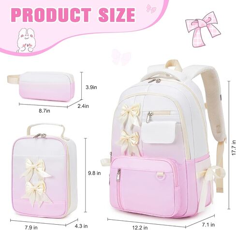 Bevalsa Backpack for Girls, Bow School Backpack for Kids with Lunch Bag & Pen Case, Cute Bookbag for Teens Girls Children for Elementary Middle High College Student, Back To School Gift (Beige Pink) in Saudi Arabia