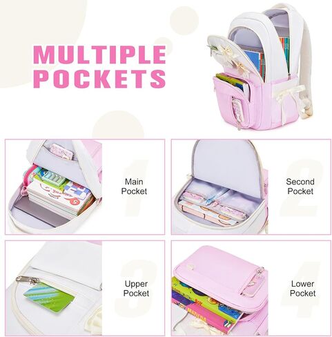 Bevalsa Backpack for Girls, Bow School Backpack for Kids with Lunch Bag & Pen Case, Cute Bookbag for Teens Girls Children for Elementary Middle High College Student, Back To School Gift (Beige Pink) in Saudi Arabia