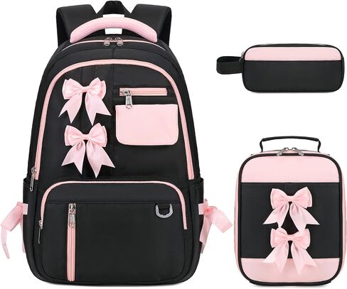 Bevalsa Backpack for Girls, Bow School Backpack for Kids with Lunch Bag & Pen Case, Cute Bookbag for Teens Girls Children for Elementary Middle High College Student, Back To School Gift (Beige Pink) in Saudi Arabia
