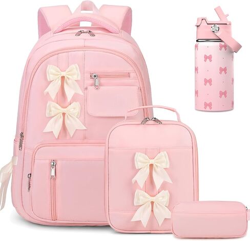 Bevalsa Backpack for Girls, Bow School Backpack for Kids with Lunch Bag & Pen Case, Cute Bookbag for Teens Girls Children for Elementary Middle High College Student, Back To School Gift (Beige Pink) in Saudi Arabia