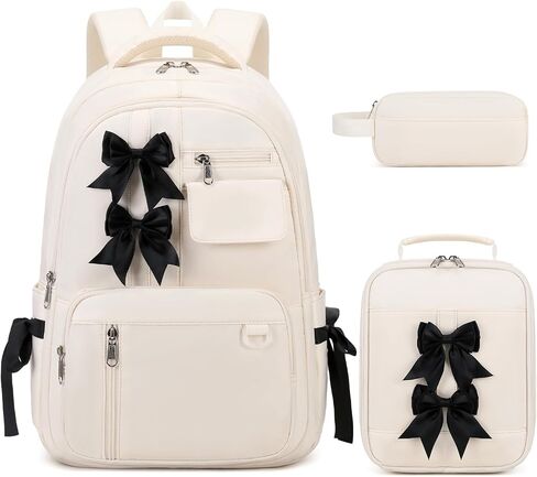 Bevalsa Backpack for Girls, Bow School Backpack for Kids with Lunch Bag & Pen Case, Cute Bookbag for Teens Girls Children for Elementary Middle High College Student, Back To School Gift (Beige Pink) in Saudi Arabia