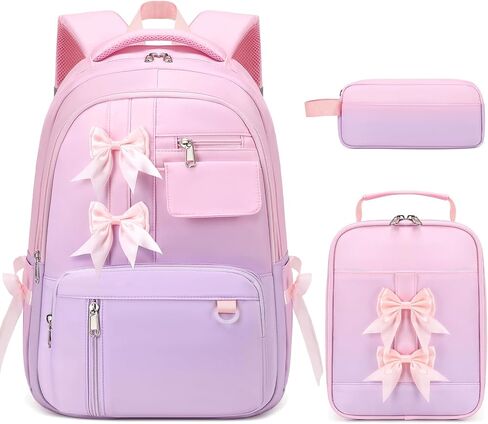 Bevalsa Backpack for Girls, Bow School Backpack for Kids with Lunch Bag & Pen Case, Cute Bookbag for Teens Girls Children for Elementary Middle High College Student, Back To School Gift (Beige Pink) in Saudi Arabia