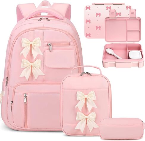 Bevalsa Backpack for Girls, Bow School Backpack for Kids with Lunch Bag & Pen Case, Cute Bookbag for Teens Girls Children for Elementary Middle High College Student, Back To School Gift (Beige Pink) in Saudi Arabia