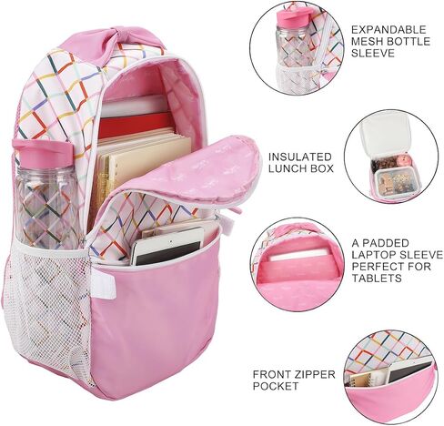 Packed Party Colorful Rainbow and Pink Connecting Squares White 17" Backpack Set Includes Matching Backpack Lunchbox and Water Bottle in Saudi Arabia