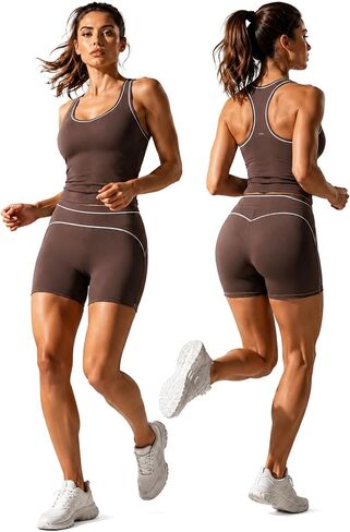 Women's 2 Piece Workout Sets Racerback Tank Removable Pads High Waist Tummy Control Shorts Yoga Gym Activewear in Kuwait