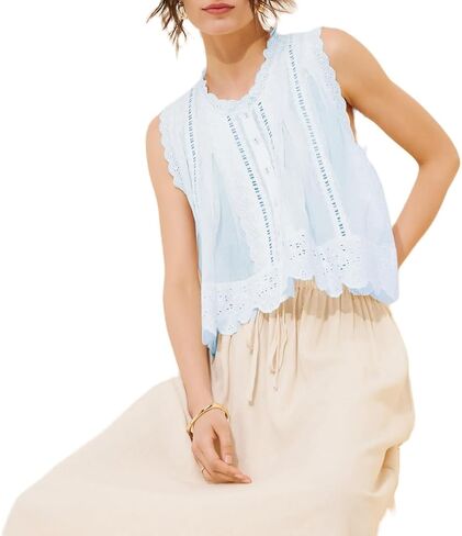 Women Sleeveless Eyelet Top Vintage Lace Patchwork Detail Button Down Vest Top Scallop Hem Beach Boho in Kuwait