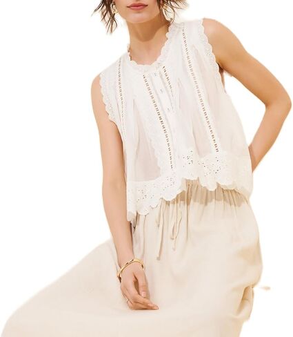 Women Sleeveless Eyelet Top Vintage Lace Patchwork Detail Button Down Vest Top Scallop Hem Beach Boho in Kuwait
