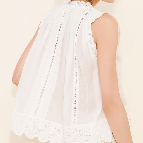Women Sleeveless Eyelet Top Vintage Lace Patchwork Detail Button Down Vest Top Scallop Hem Beach Boho in Kuwait
