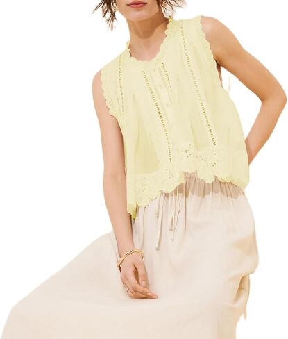 Women Sleeveless Eyelet Top Vintage Lace Patchwork Detail Button Down Vest Top Scallop Hem Beach Boho in Kuwait