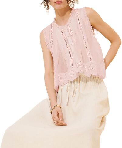 Women Sleeveless Eyelet Top Vintage Lace Patchwork Detail Button Down Vest Top Scallop Hem Beach Boho in Kuwait