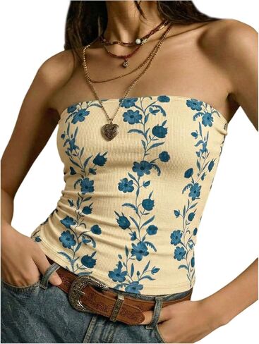 SOLY HUX Women's Floral Tube Tops Ruched Strapless Sleeveless Bandeau Summer Vacation Boho Top in Saudi Arabia